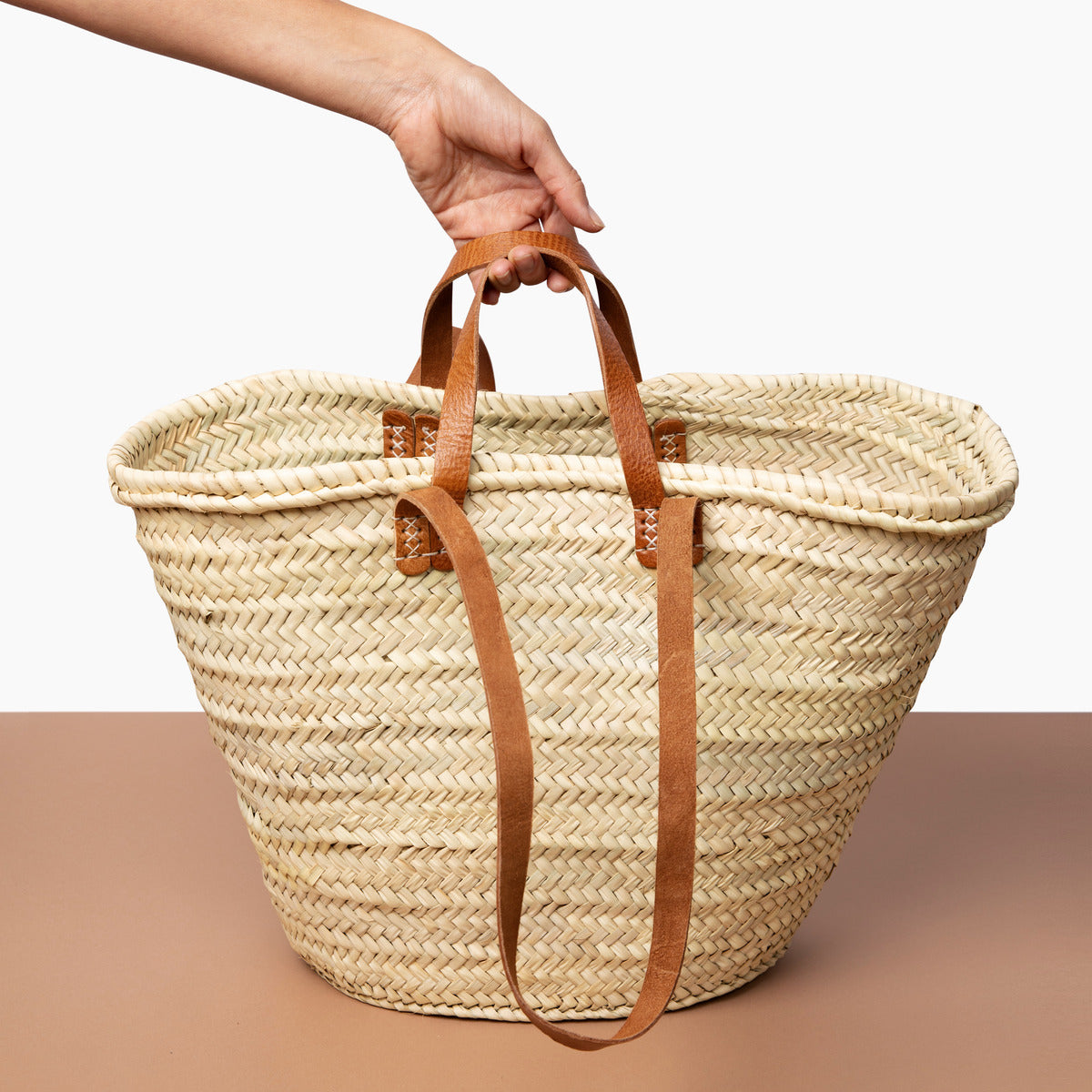 French Market Bag - Handwoven Palm Leaf Bag with Leather Handles and Shoulder Straps